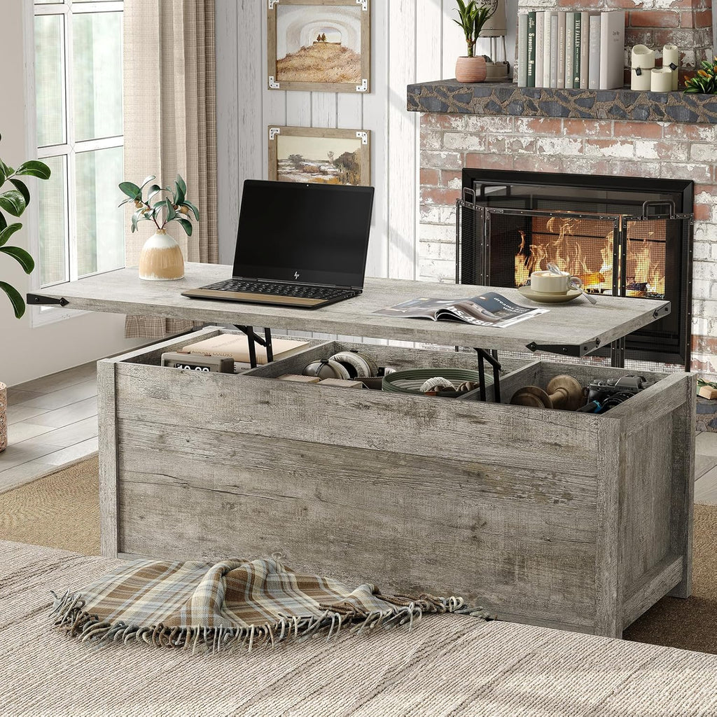 Lift Top Coffee Table, 47.3'' Farmhouse Coffee Table with Large Hidden Storage Compartment & Sliding Barn Doors