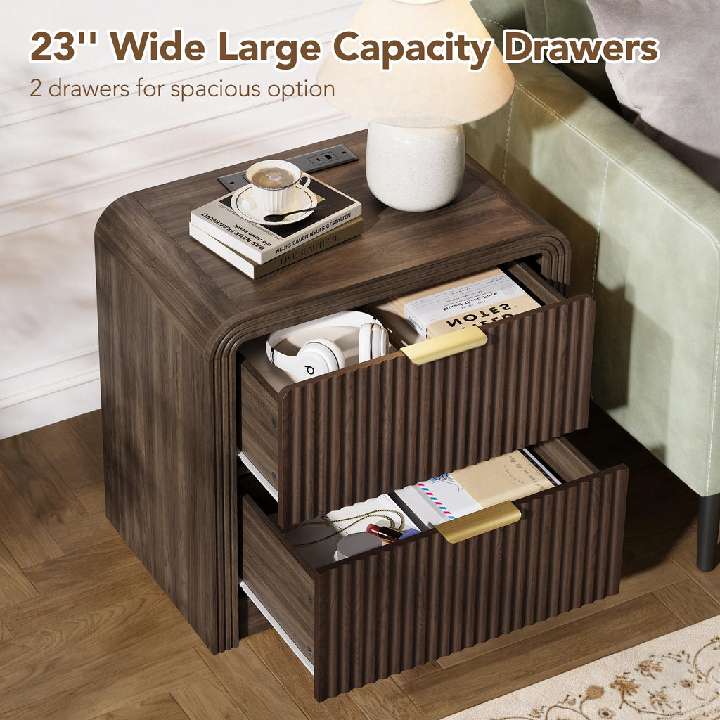 23'' Wide Fluted Nightstand with Charging Station, Walnut