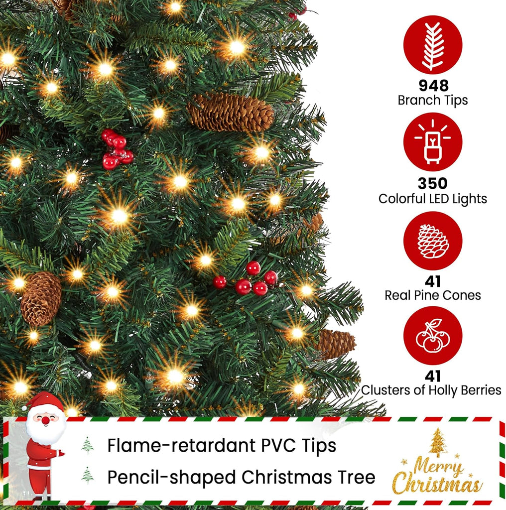 7.5ft Pre-lit Pencil Spruce Christmas Tree, Artificial Slim Xmas Fir, Pre-Decorated, Party, Holiday Decor W/ 948