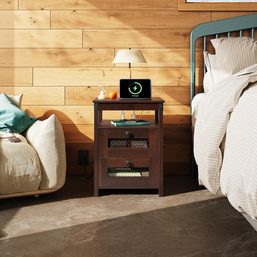 Nightstand with Charging Station, Farmhouse End Table, Bed Side Table with 2 Storage Drawers and Open Shelf, Wood