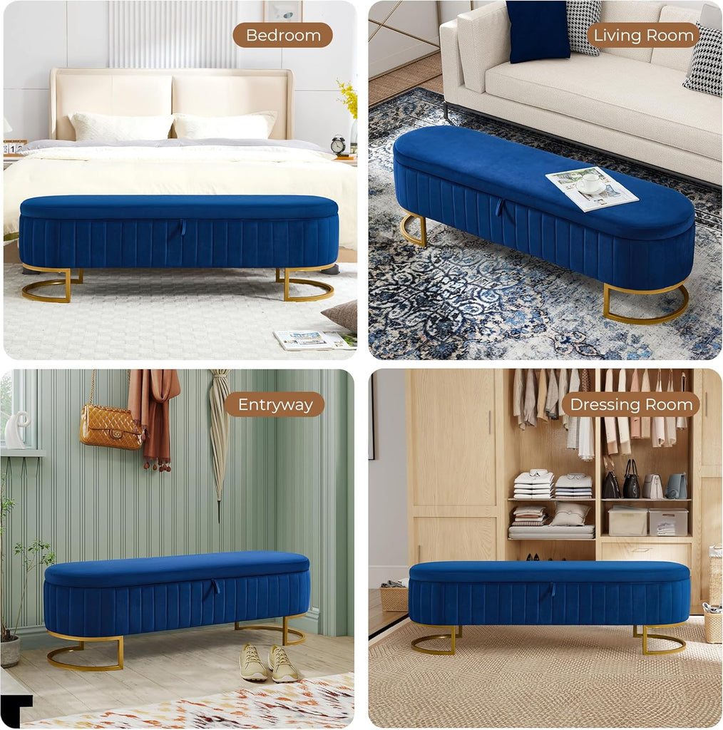 Storage Ottoman Bench, 63" Velvet End of Bed Bench Bedroom Bench King Size with Golden Metal Legs, Upholstered