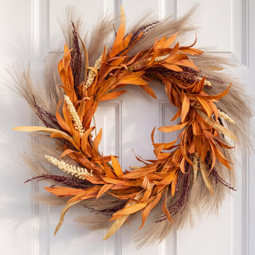 Fall Wreath for Front Door, 18'' Autumn Wreath for Door Decor, Faux Pampas Wreath for Fall Decor, Boho Wall Decor