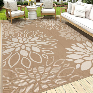 Waterproof Outdoor Rug 9x12 for Patios, Floral Reversible Plastic Straw Rug Patio Mat, Indoor Outdoo