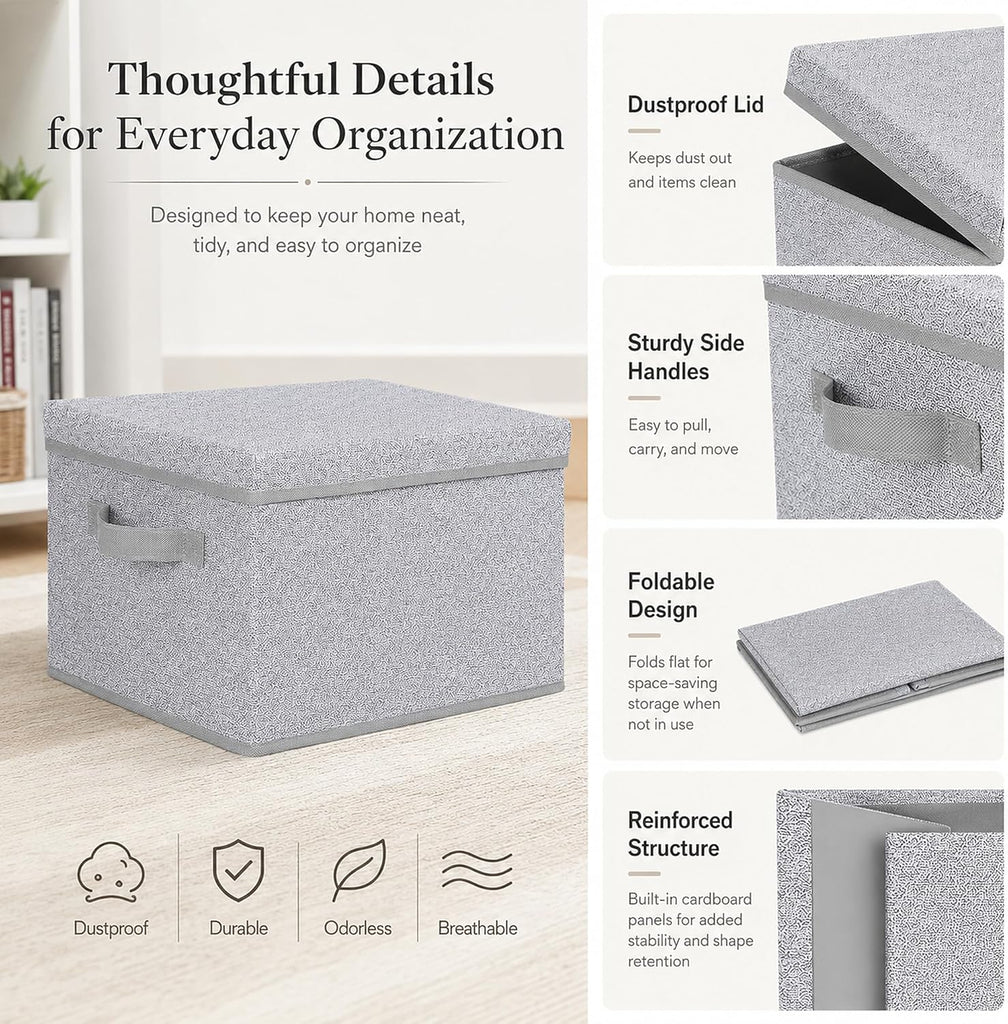 Foldable Storage Bins with Lids, Storage Boxes with Handles, Closet Shelf Organizer, Fabric Storage Baskets