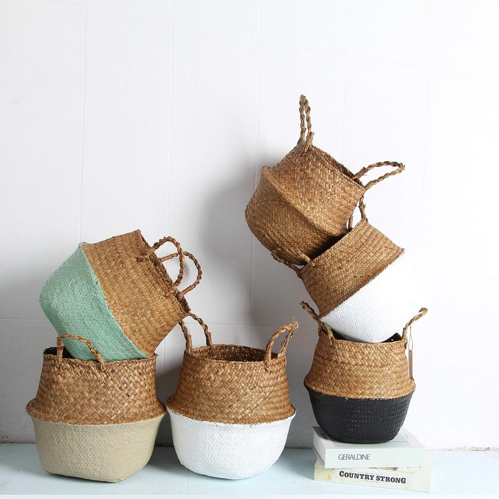 Woven Seagrass Belly Basket for Storage, Laundry, Picnic, Plant Pot Cover, and Grocery and toy storage (Medium, Black)