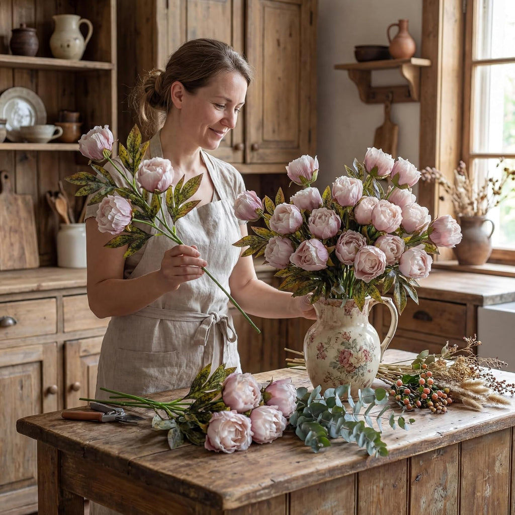 Faux Silk Peony Artificial Flowers Stem for Vase,8 Pcs,Brownish | Brownish Fake Peonies Branches with Stems, for Fall