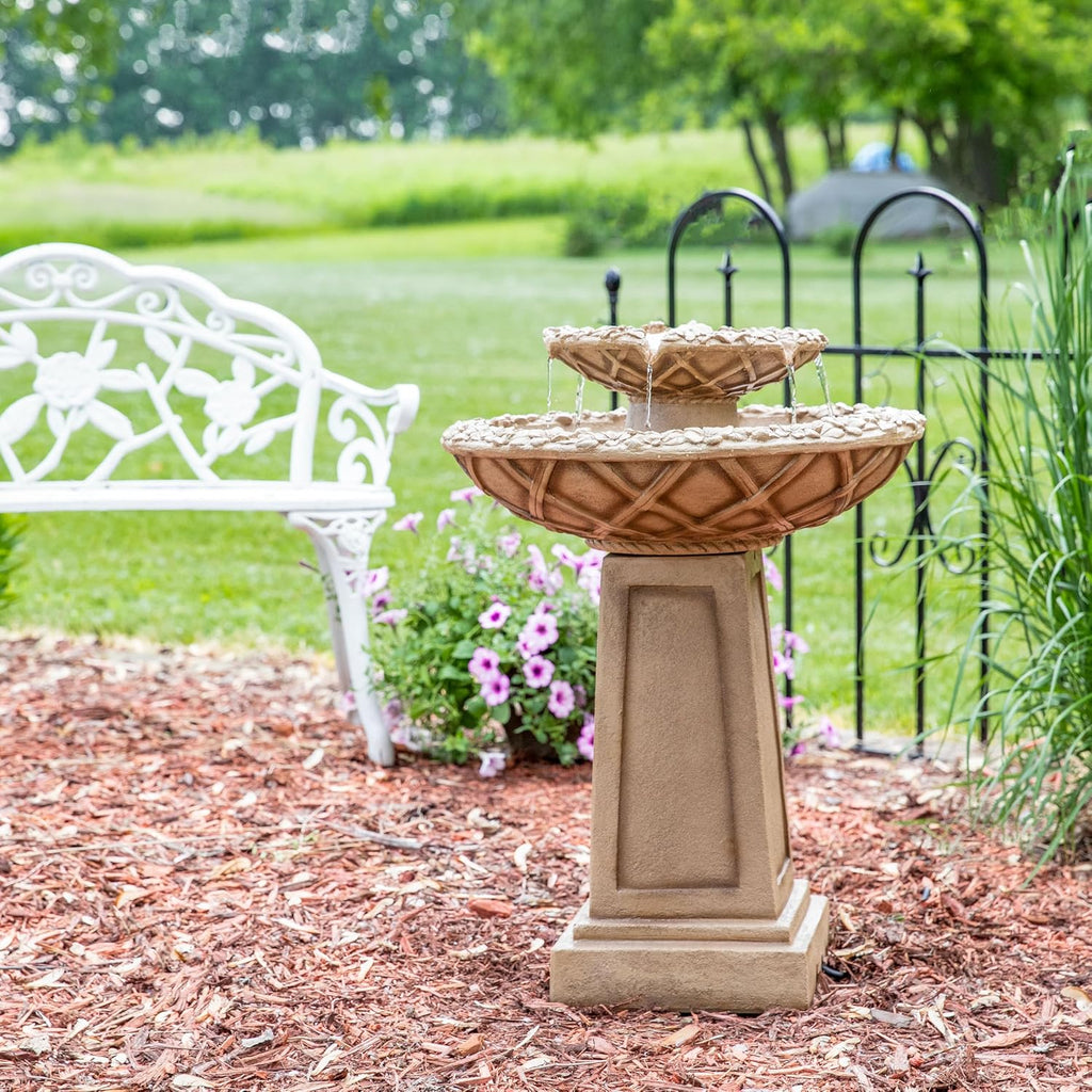Beveled Flower 28-Inch 2-Tier Outdoor Water Fountain - Backyard Water Feature & Bird Bath or Deck