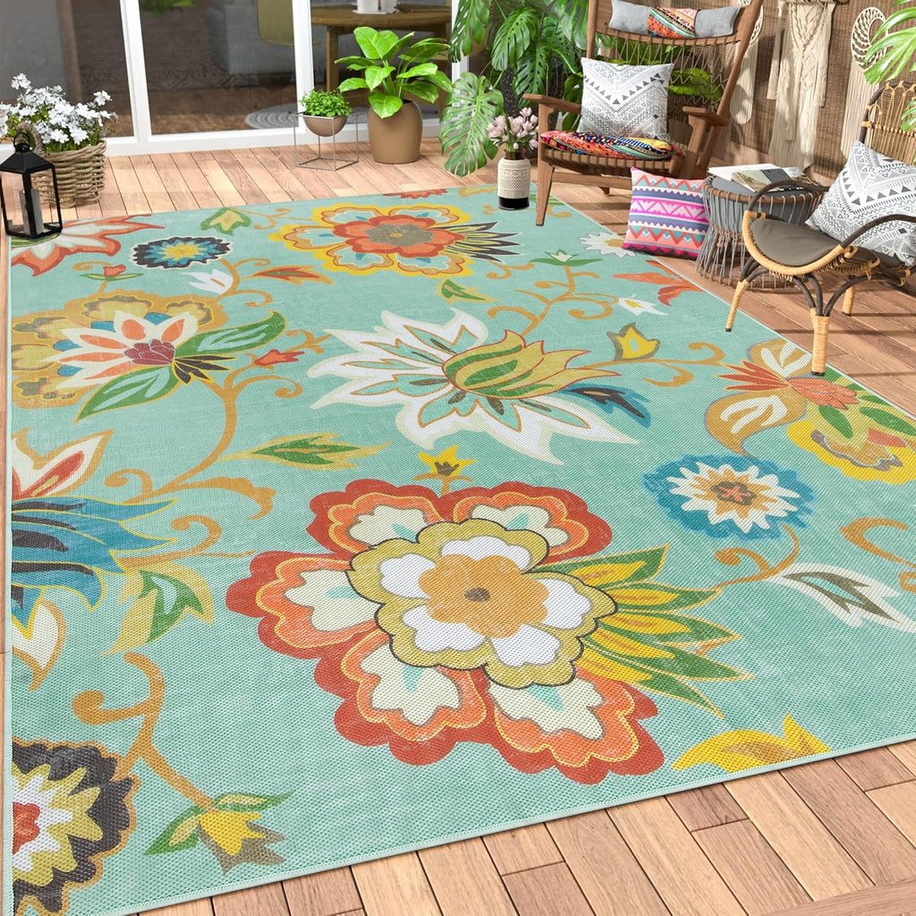 Floral Indoor Outdoor Rug 8x10, Non Slip Outdoor Patio Rug for Camping Picnic, Portable Large Outdoo