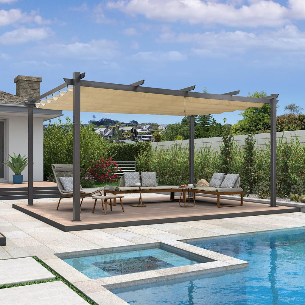 12' X 16' Outdoor Pergola with Retractable Canopy Aluminum Shelter for Porch Garden Beach Sun Shade Pavilion Grape