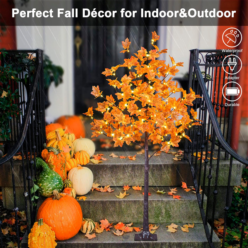 5FT 96LED Artificial Lighted Maple Tree Warm White Halloween Fall Decorations Indoor Ourdoor, Orange