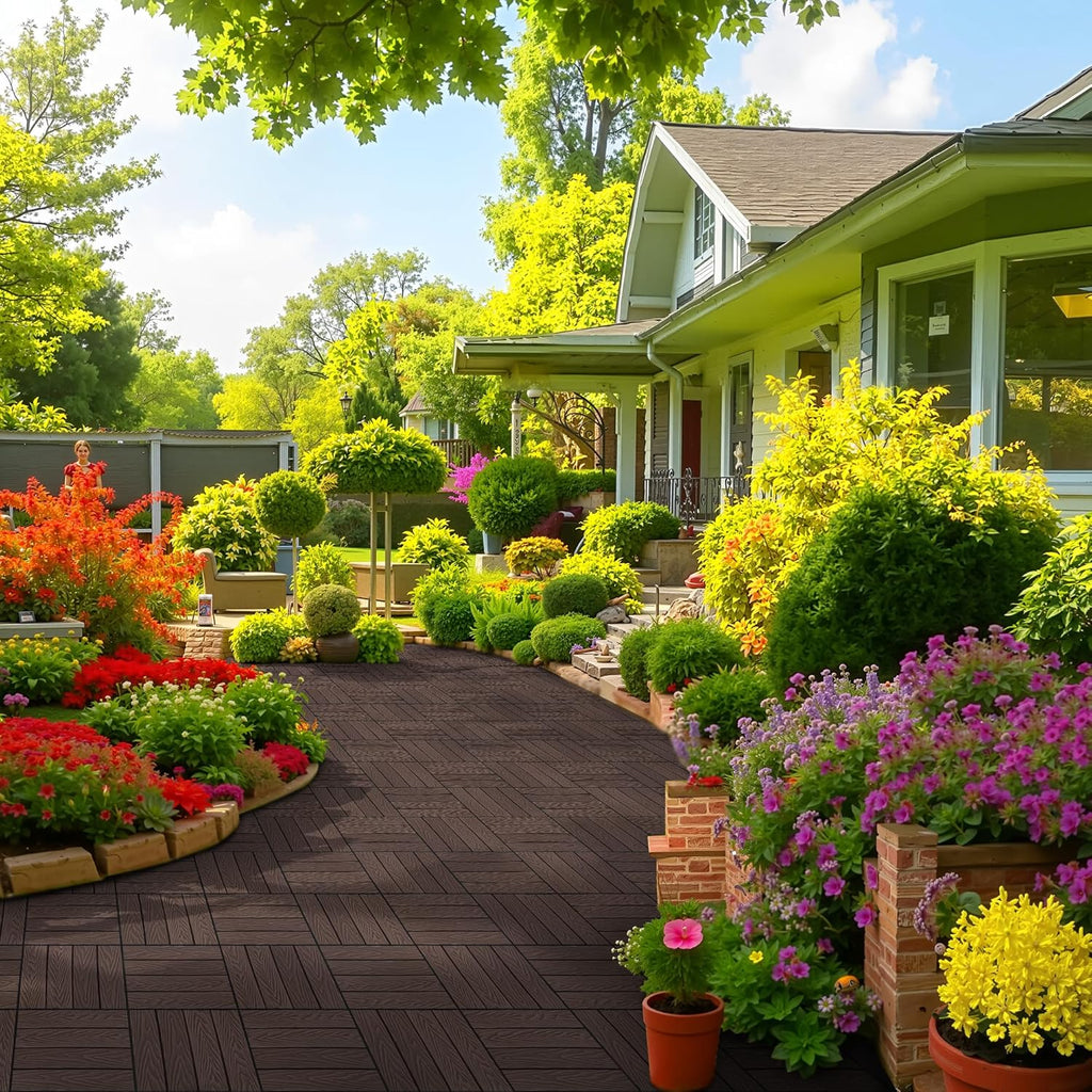 Composite Interlocking Deck Tiles Outdoor, 12"x12" Waterproof Decking Tiles Outdoor, Straight Grain Outdoor Deck Tiles