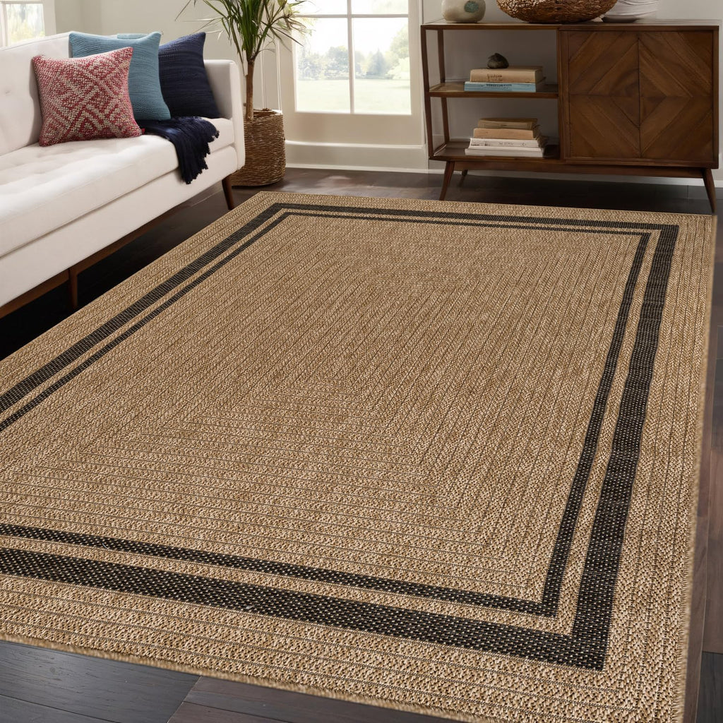 Easy Jute Bordered Rug 8x10 Washable Durable Indoor Outdoor Area Rugs for Living Dining Room Patio Office Stain