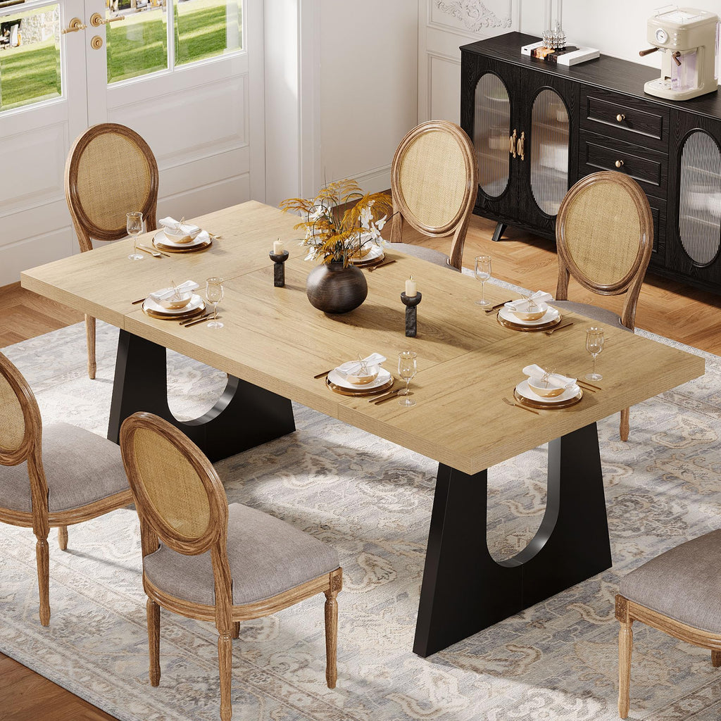 Large Dining Table for 6-8 People, 70.9-Inch Wood Rustic Rectangular Table with Black Wooden Legs, Farmhouse Center