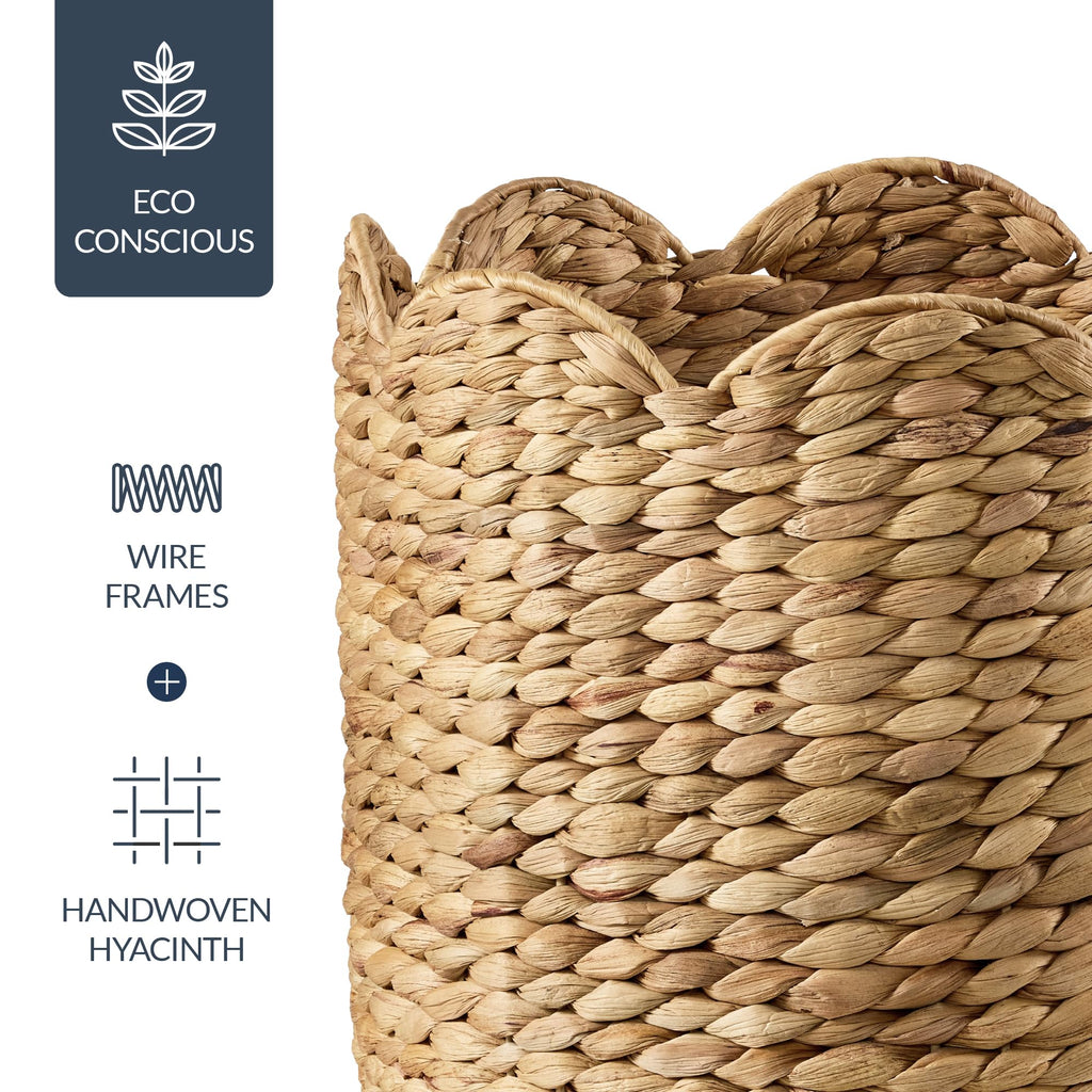 3pc Water Hyacinth Scalloped Multipurpose Nesting Baskets, Storage Bin Organization Totes, Laundry Room - Natural