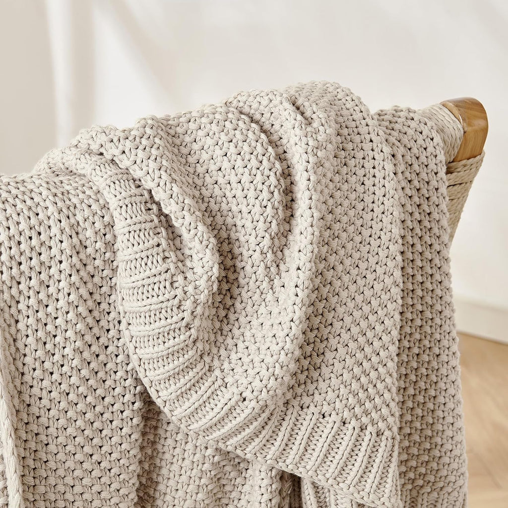 Chunky Cable Knit Throw Blanket, Lightweight 100% Organic Cotton Soft Cozy Throw Twin Blanket, Rustic Breathable