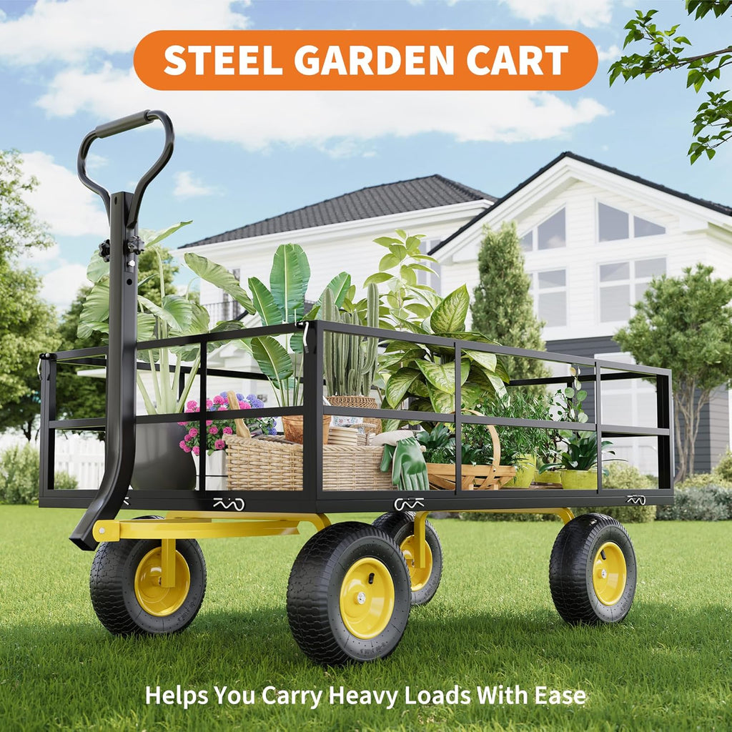 Heavy Duty Steel Garden Cart, 1200 Lbs Garden Wagon with 13" All Terrain Tires, 3-in-1 Metal Utility Wagon with
