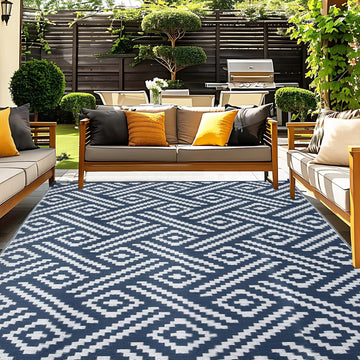 Outdoor Rug 9x12, Plastic Straw Rug, Navy & White