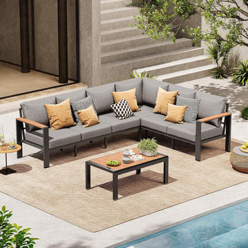 Aluminum Outdoor Patio Furniture Set 6 Seats, Outdoor Sectional Corner Sofa with Thick Waterproof Cushions & Coffee