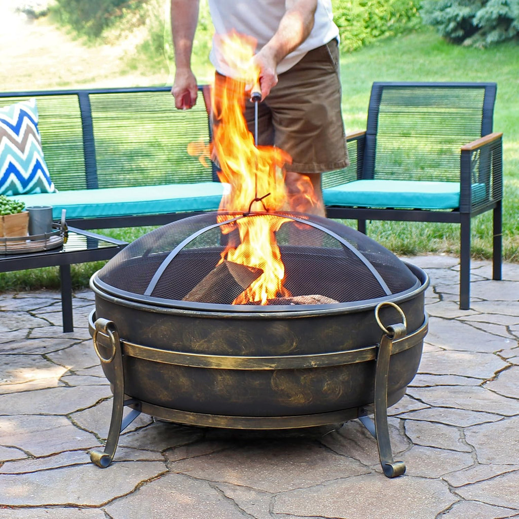 34-Inch Steel Large Fire Pit for Outside - Wood-Burning Fire Pit Bowl for Outdoors with Spark Screen, Log Poker