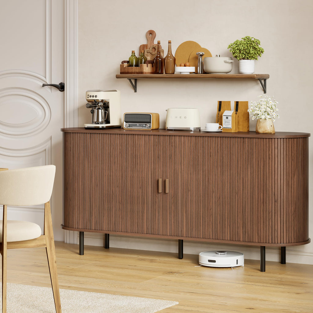 63" Fluted Buffet Sideboard Cabinet with Sliding Door, Walnut