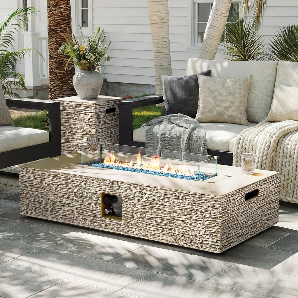 56-inch Outdoor Propane Gas Fire Pit Table 50000 BTU Concrete Rectangle FirePit for Outside Patio with Propane Tank
