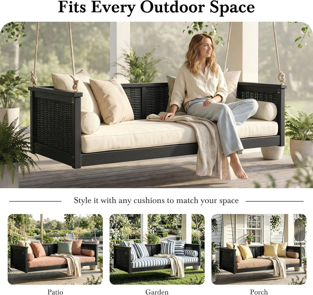 Twin Size Outdoor Porch Swing Bed, Solid Wood Rattan Swing Daybed Frame with Long Ropes , Poolside, Backyard, Black