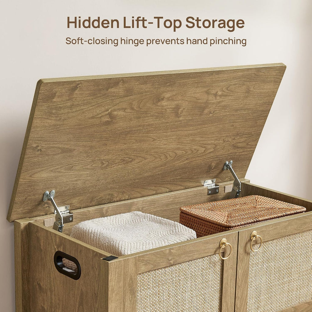 Rattan Storage Bench Boho Storage Chest with 2 Safety Hinges | Wood Storage Truck Box , Supports 220 lb