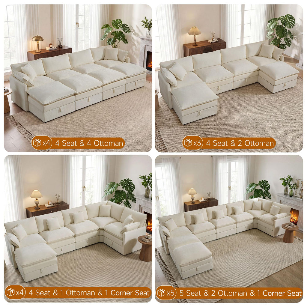 Modular Sofa with Storage, 135" V Shaped Sectional Cloud Couch, Oversized Fabric Couch with Movable Ottoman, 8 Seat