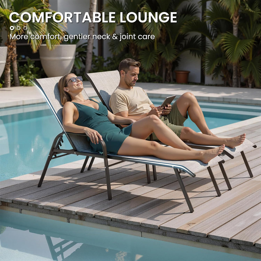Chaise Lounge Chair Outdoor, Pool Chairs Set of 2 with Armrests (Beige) | 5-Position Adjustable Backrest, Sturdy