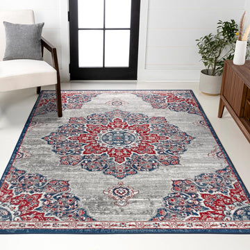 Modern Vintage Moroccan Medallion Navy/Red Indoor Area Rug, Country, Floral, Easy-Cleaning, Pet Friendly
