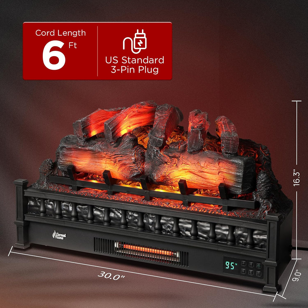 30 Inch WiFi Infrared Electric Fireplace Log Insert, 1500W Quartz Heater with Crackling Sound, Realistic Logs, Adjustable Flame Colors, Remote Control, Thermostat and Timer
