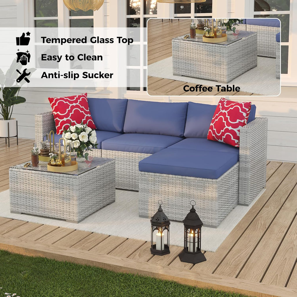 5 Piece Patio Furniture Set, Rattan Sectional Sofa with Glass Storage Table | Rust-Resistant Steel Frame,PE