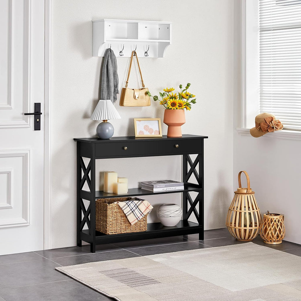 Console Table with Drawer, 39.5 Inch Narrow Sofa Table with Storage Shelves, 3-Tier Wood Entryway Table /Living