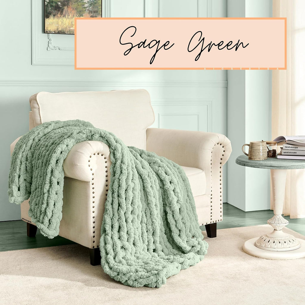 Chunky Knit Blanket Throw | 100% Hand Knit with Jumbo Chenille Yarn (50"x60", Sage Green)