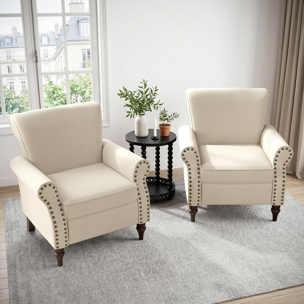 Wingback Accent Chairs Set of 2, Living Room Chair with Wood Legs, Beige | Mid-Century Modern Upholstered Armchair