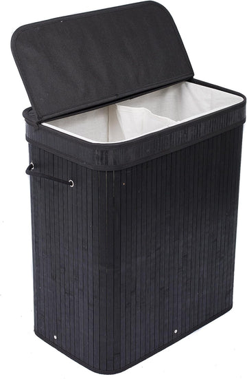 Double Laundry Hamper with Lid and Cloth Liner - Bamboo - Black - Easily Transport Laundry Basket - 2 Section