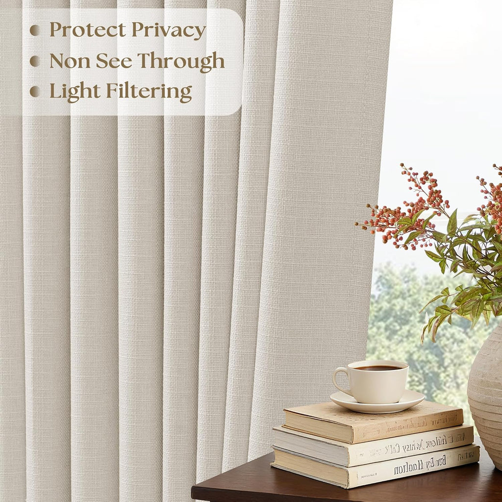 Natural Pinch Pleated Semi Sheer Curtains 2 Panels Set for Sliding Glass Doors, Memory Shape Pleat Thick
