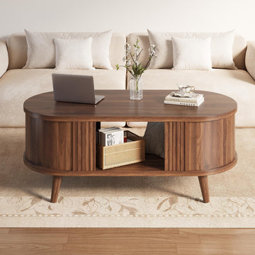 47.2" Oval Fluted Coffee Table with Storage, Fluted Mid-Century, Walnut