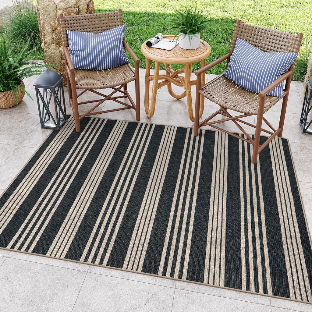 Striped Easy Jute Outdoor Patio Rug, 5x7 Area Rugs Washable Black