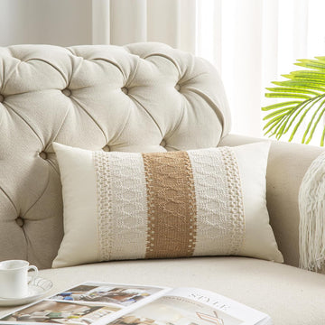 Lumbar Throw Pillow Covers 12 x 20 Inch 1PC for Farmhouse Living Room, Cotton & Burlap Textured Striped Woven Boho