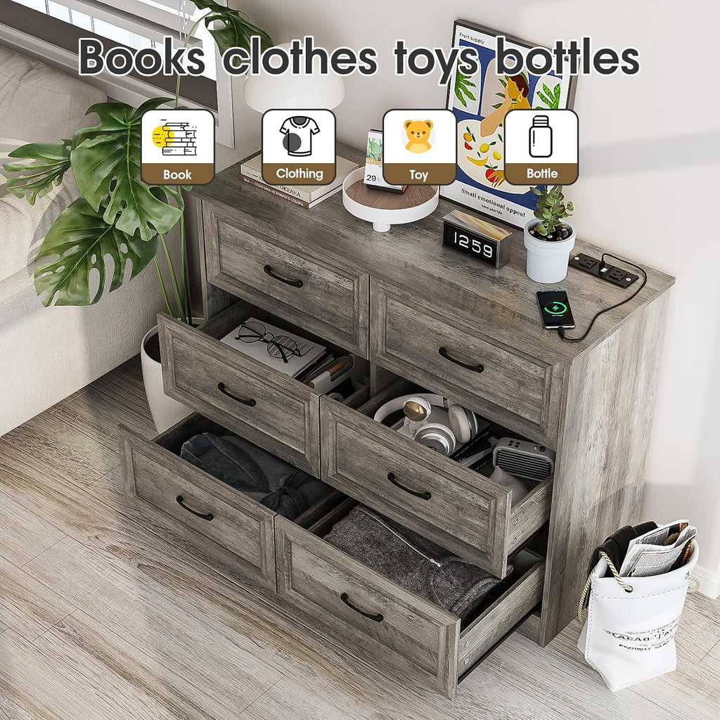 Dresser , 6 Drawer Wide Dresser Organizer with Charging Station, Tall Dresser , Wood Dresser with Metal Handles, Ash