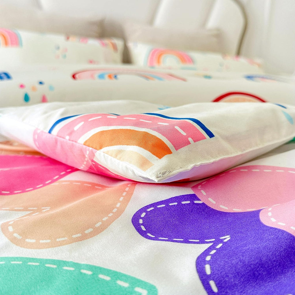 Lightweight Soft 3 Piece Rainbow Comforter Set with 2 Pillow Covers, Cartoon Love Hearts Flowers and Grass Bedding