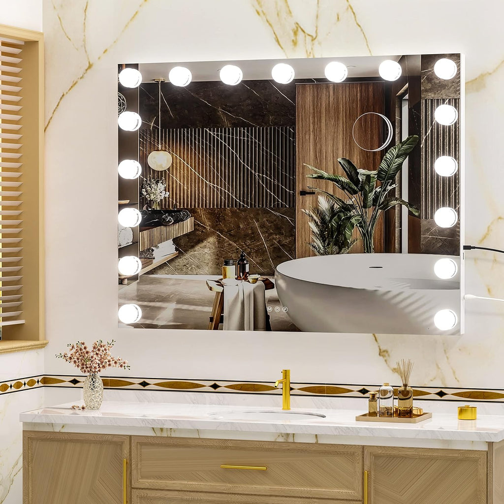 32" x24” Hollywood Vanity Mirror with Lights - Makeup Mirror with 17 Dimmable LED Bulbs, 10X Magnification, Touch