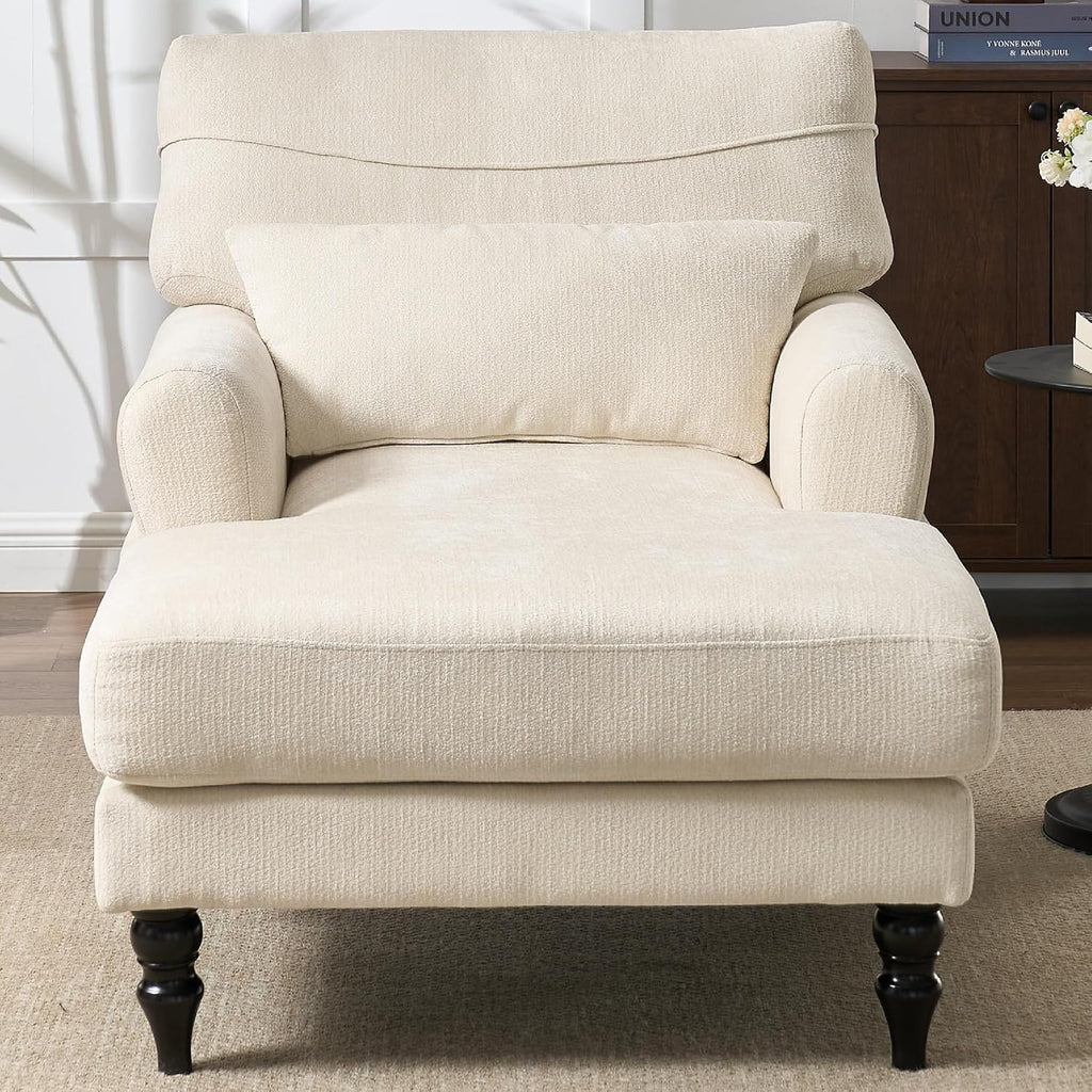 Chaise Lounge Chair Indoor, Leisure Sleeper Sofa w/Cushion, White | Modern Accent Upholstered Reading Side Armchair
