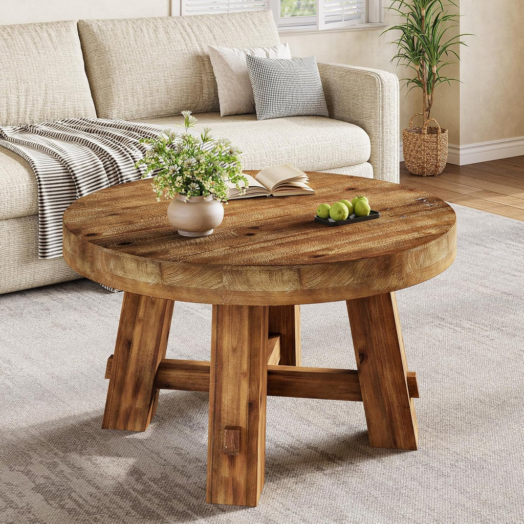 31.5-Inch Round Coffee Table, Solid Wood Center Table with Thickened Tabletop, Small Space (Rustic Brown)