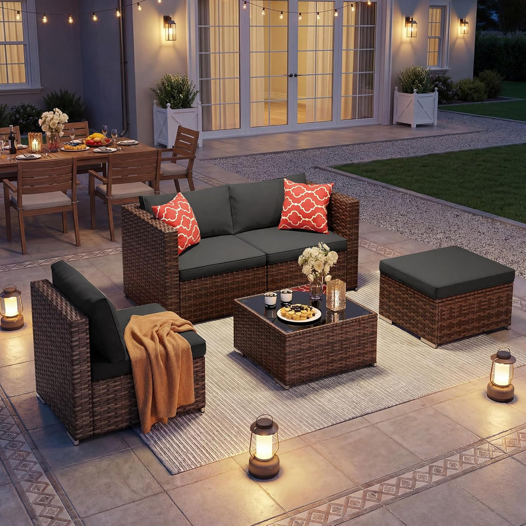 5-Piece Patio Furniture Set, Outdoor Couch, PE Rattan, Black | Patio Sectional Sofa with Plush Cushions and Glass