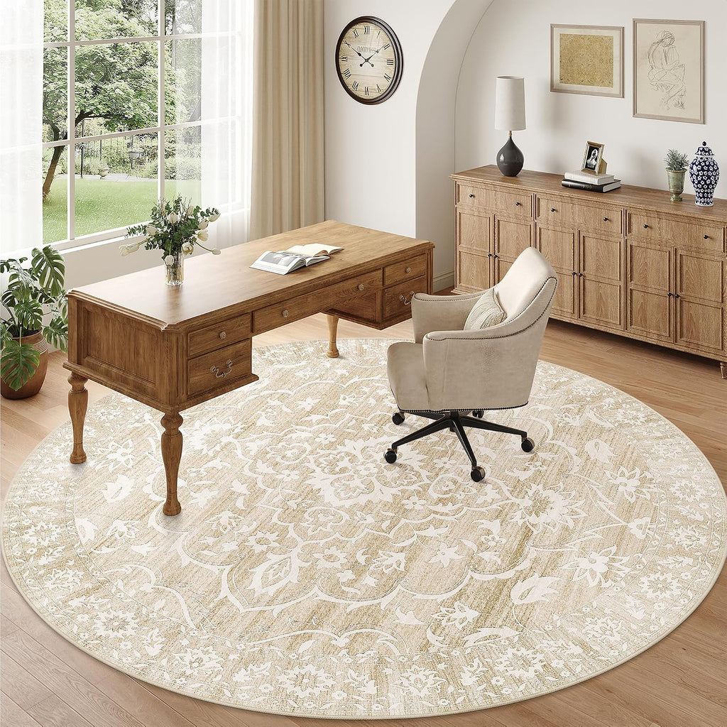 Washable Round Rug 8ft, Soft Circle Area Rug Beige