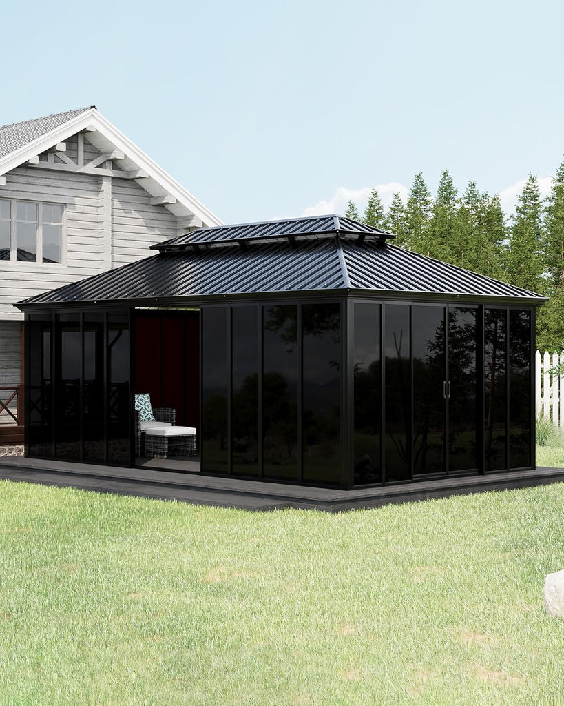 12x20 ft Sunroom Hardtop Gazebo, Enclosed Gazebo with Floor-to-Ceiling Sliding Doors