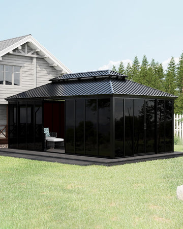 12x20 ft Sunroom Hardtop Gazebo, Enclosed Gazebo with Floor-to-Ceiling Sliding Doors