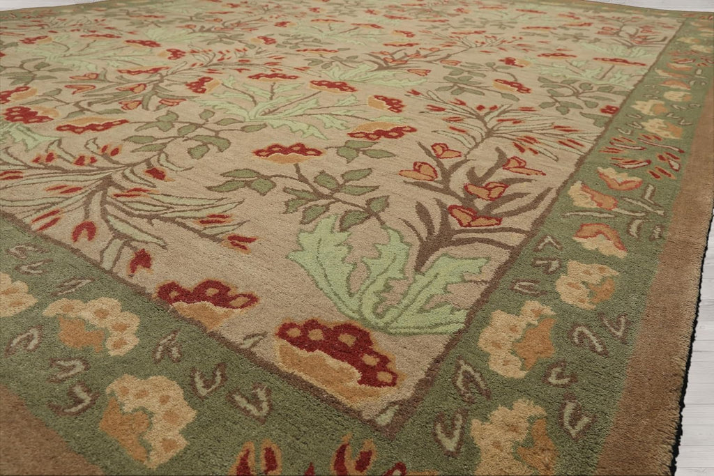 9x12 Hand-Tufted Oriental Area Rug 100% Wool Botanical Floral Transitional Beige, Sage Color